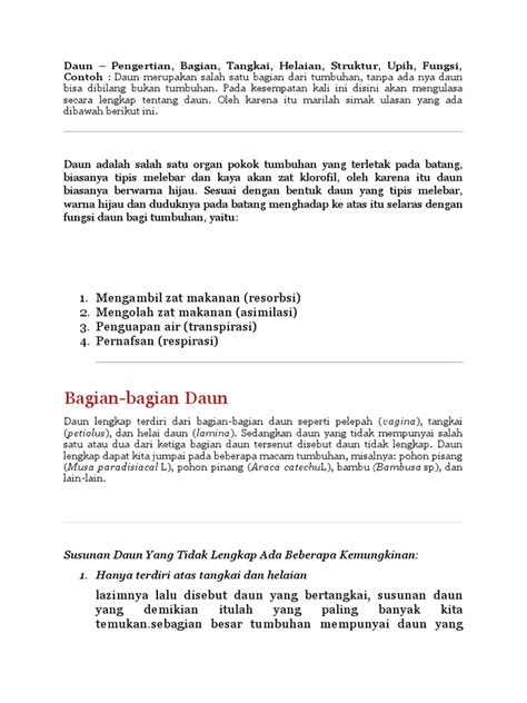 Daun - Pengertian, Bagian, Tangkai, Helaian, Struktur, Upih, Fungsi | PDF