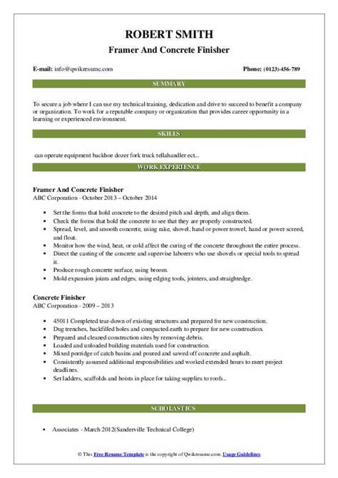 Concrete Finisher Resume Samples | QwikResume