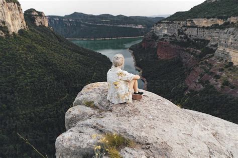 Hiker on viewpoint, Sau Reservoir, Catalonia, Spain stock photo