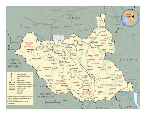 Detailed political and administrative map of South Sudan with roads ...