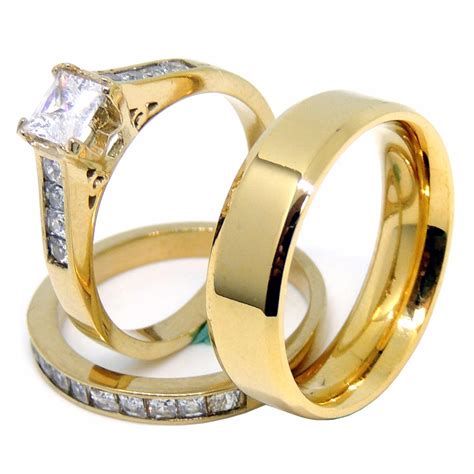 Couples Ring Set 14K Gold Plated 5mm Princess CZ Wedding Ring Mens Gol – LA NY Jewelry