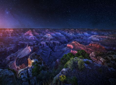 Aerial view of mountains, Arizona, Grand Canyon, starry night, long ...