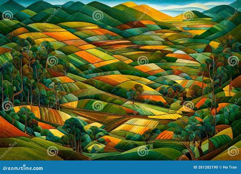 Colorful Landscape of Hills and Trees in the Morning, Digital Painting Stock Illustration ...