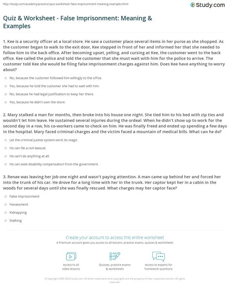 Quiz & Worksheet - False Imprisonment: Meaning & Examples | Study.com