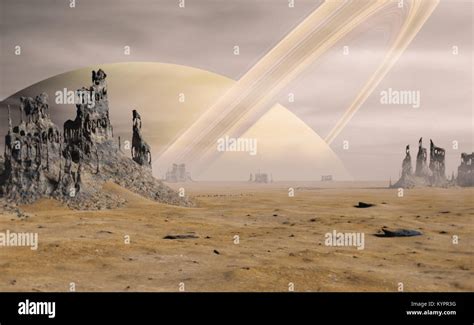 landscape on Titan, the largest moon of Saturn with strange rock formations in a desert Stock ...