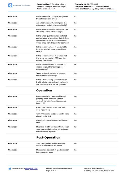 Grinder Inspection Checklist (For angle, portable and bench grinders)