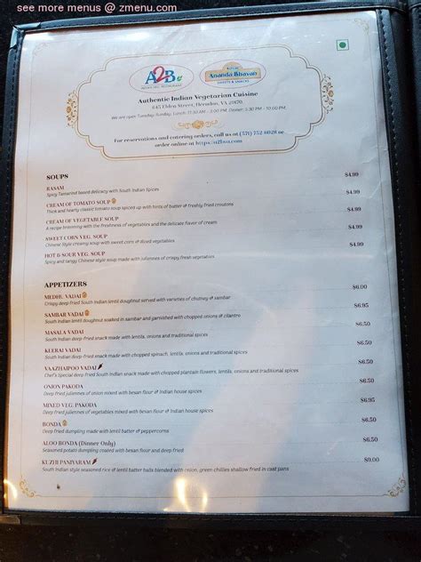 Menu at A2B- Adyar Ananda Bhavan Indian Vegetarian Cuisine - Virginia restaurant, Herndon