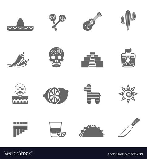 Mexican culture symbols black icons set Royalty Free Vector