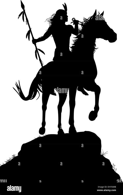 EPS8 editable vector silhouette of a native American Indian warrior riding a horse with figures ...