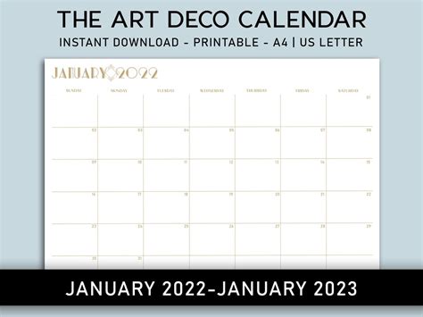 2022-2023 the ART DECO Monthly Calendar Printable Calendar - Etsy