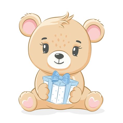 A cute teddy bear is sitting and holding a gift. Vector illustration of ...