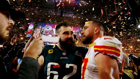 Brothers Jason, Travis Kelce embrace immediately after Super Bowl LVII between Kansas City ...