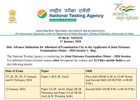 JEE Main Exam 2024 Session 1: NTA Released City Intimation Slip for BE ...