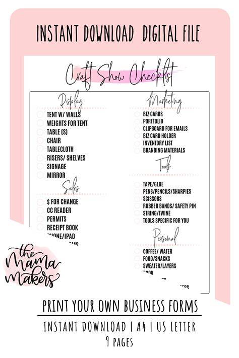 Craft Show Checklist Printable Instant Download Digital | Etsy