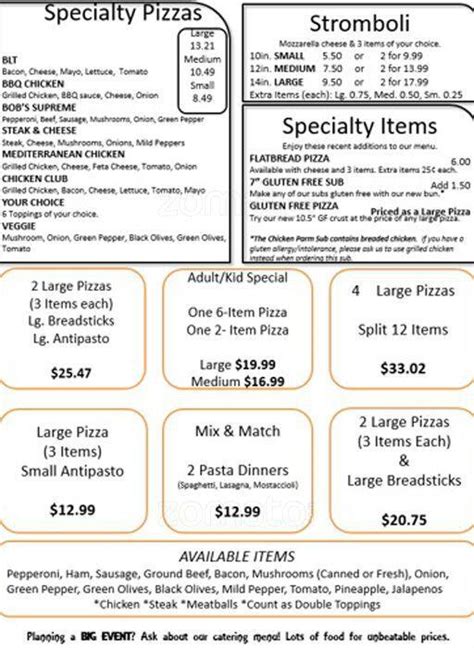 Menu at Bob's Original Pizza restaurant, Flint, Richfield Rd