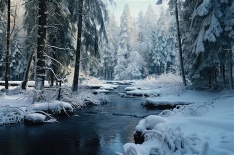 Premium AI Image | a stream running through a snow covered forest