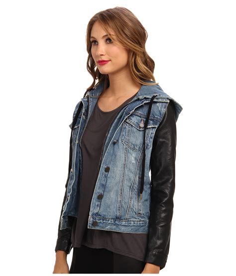 Blank Denim Jacket W/ Vegan Leather Sleeves In Ripped Off in Blue | Lyst