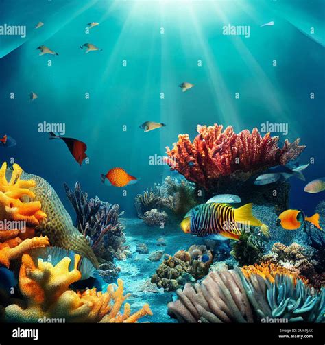 Colorful underwater world background coral reef and fish digital art ...