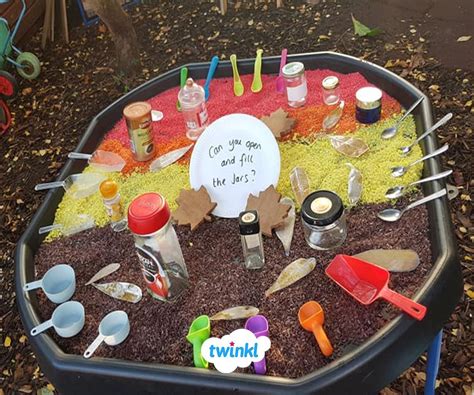 Autumn Tuff Tray activity - perfect for outdoor classroom day! Ask children to open and fill the ...