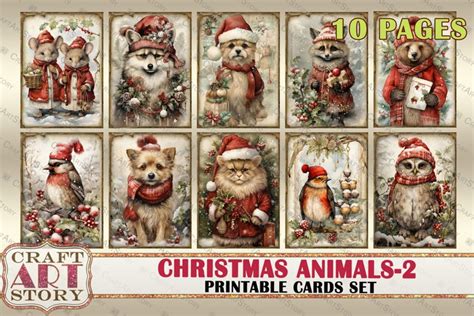 Vintage Christmas animals-2 printable cards set,winter