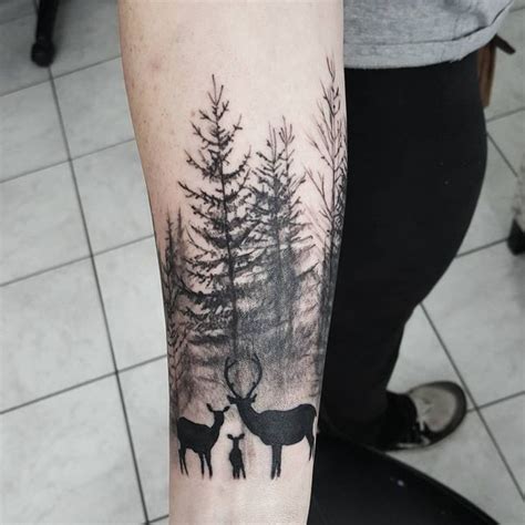 family deer and trees tattoo on the forearm Tree Tattoo Arm, Stag Tattoo, Skull Tatto, Nature ...