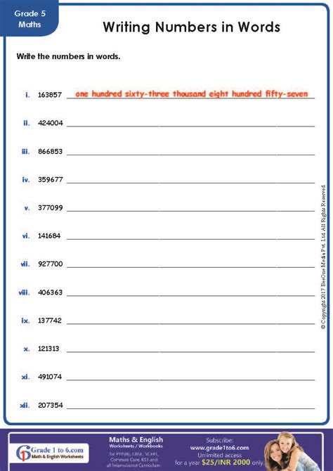 Writing numbers in words worksheet | Grade1to6