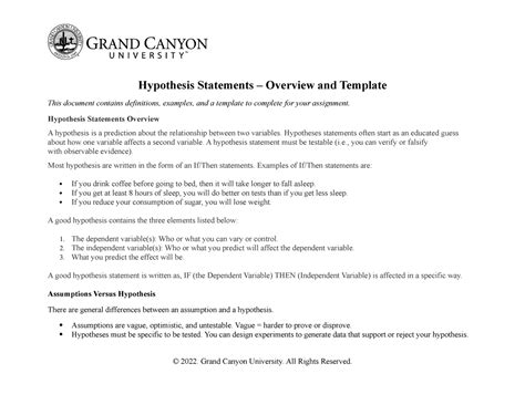 Hypothesis Statements Overview Template ent-436 - Hypothesis Statements – Overview and Template ...