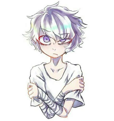 an anime character with purple hair and blue eyes, wearing a white ...