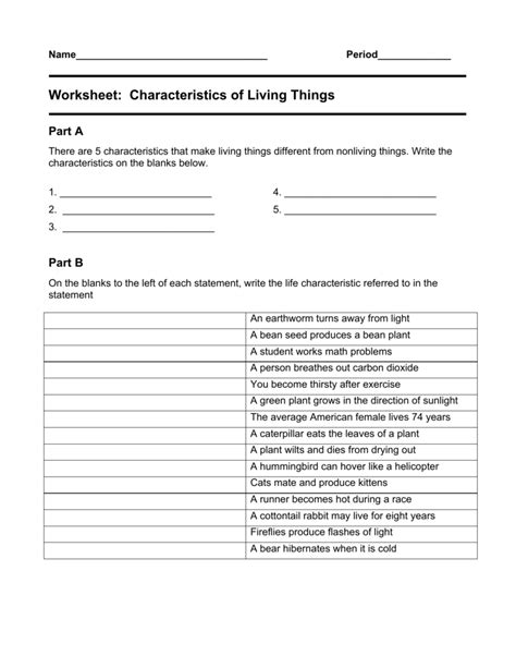 Characteristics Of Living Things Worksheet — db-excel.com