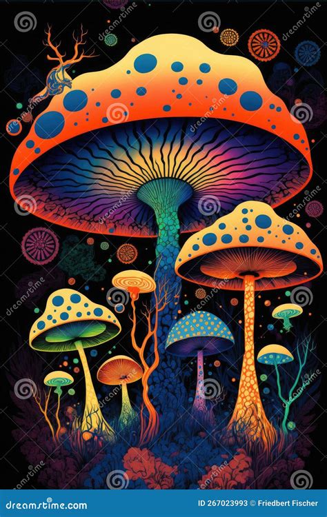 Magic Mushrooms 60s Psychedelic Style, Central Composition, Fantastic Shrooms on Black ...