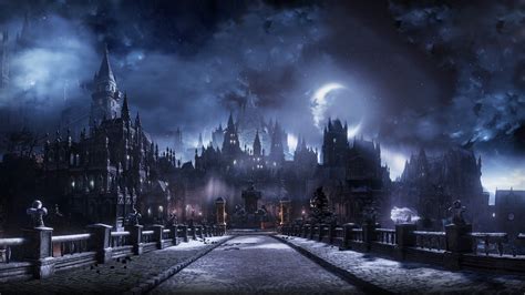 4K, Moon, snowing, cityscape, fantasy art, castle, clouds, Dark Souls III, night, video games ...