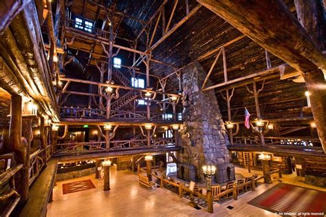 The lobby of Old Faithful Inn, Yellowstone National Park, Montana, photo by Jim Wheeler ...