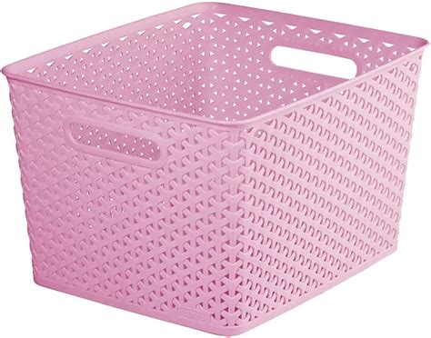 18L 18 Litre Large Decorative 'Y' Weave Pink Plastic Storage Basket Organiser Tray - 13.5cm (H ...