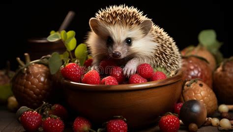 Cute Hedgehog Eating Strawberry, Enjoying Sweet Fruit Indoors Generated by AI Stock Photo ...