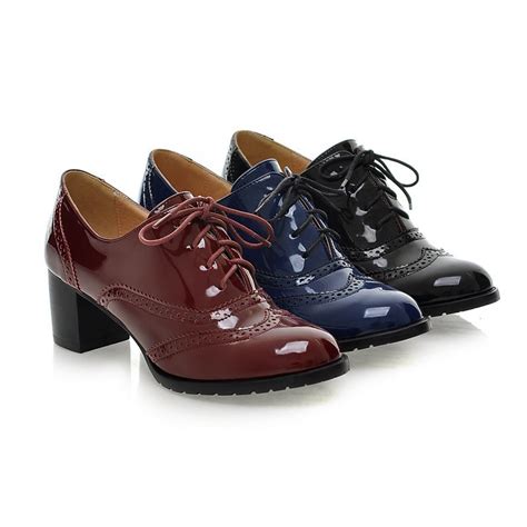 Lace Up Patent Leather Women Chunky Mid Heels Oxford Shoes 8154 – meetfun