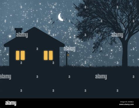 Illustration of a house silhouette near the tree with a starry night sky in the background Stock ...