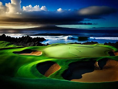 A painting of a golf course with a view of the ocean Image & Design ID ...