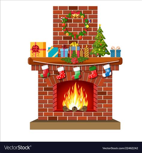 Christmas red brick classic fireplace Royalty Free Vector