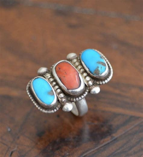 Navajo Turquoise & Coral Ring | Silver Plume