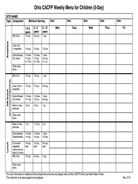 Printable Cacfp Menu Template - Printable Word Searches