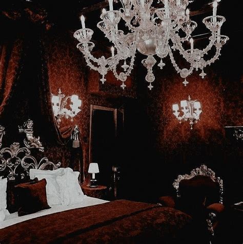 Gothic Bedroom with Chandelier and Red Wallpaper