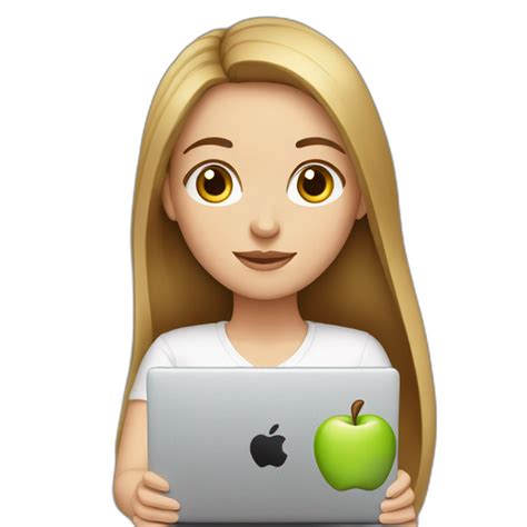 smm white girl with black straight long hair and brown eyes with apple macbook | AI Emoji Generator