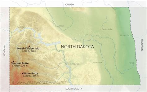 Physical map of North Dakota