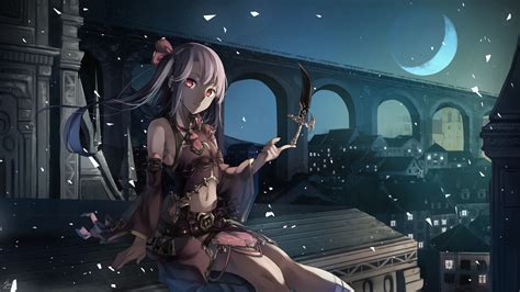 Desktop Wallpaper Anime Girl, Knife, Night, Moon, Hd Image, Picture ...