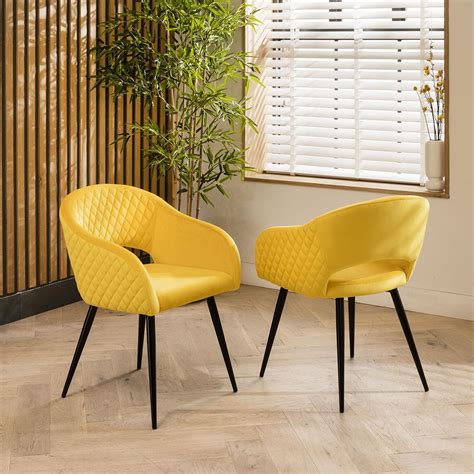 Set of 4 Modern Carver Velvet Dining Chairs with Arms Yellow Fabric – Quatropi