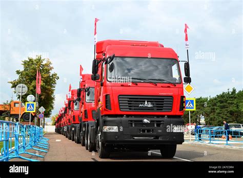 MINSK, BELARUS - AUGUST 09, 2019: A column of new MAZ trucks manufactured by the Minsk ...