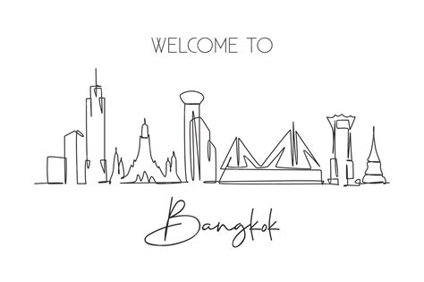 Premium Vector | One continuous line drawing of Bangkok skyline Thailand Beautiful landmark ...