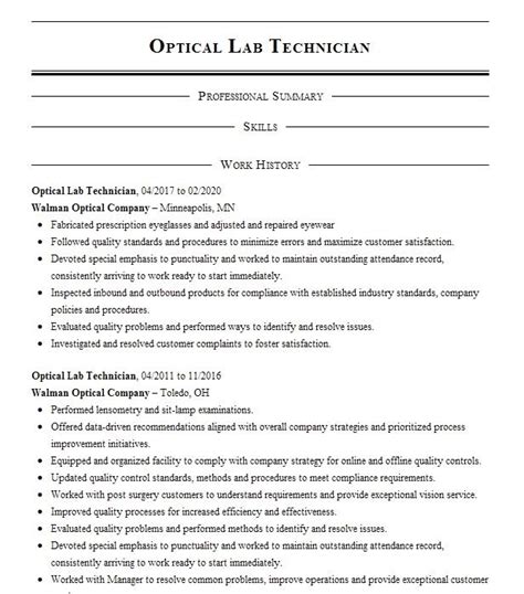 Optical Lab Technician Resume Example