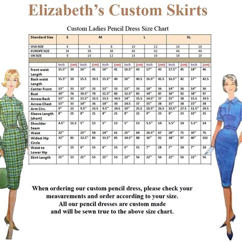 Ladies Pencil Dress/pencil skirt Standard size Chart US, Europe, UK | Elizabeth's Custom Skirts ...