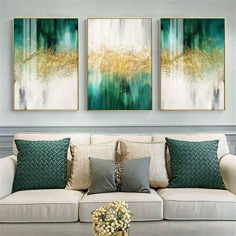 Set of 3 Wall Art Gold Glitters Emerald Green Luxury Painting Framed ...